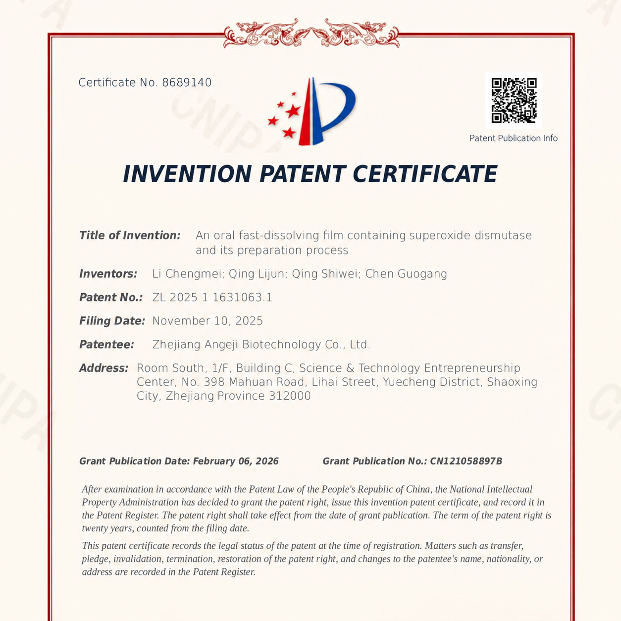 SOD oral fast dissolving film invention patent certificate